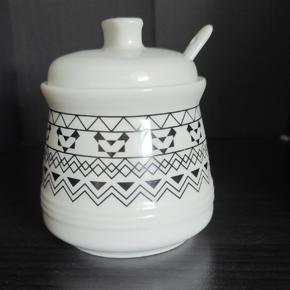 DOWAN Porcelain Sugar Bowl with Lid and Spoon White/Black Porcelain Bohemian EUC